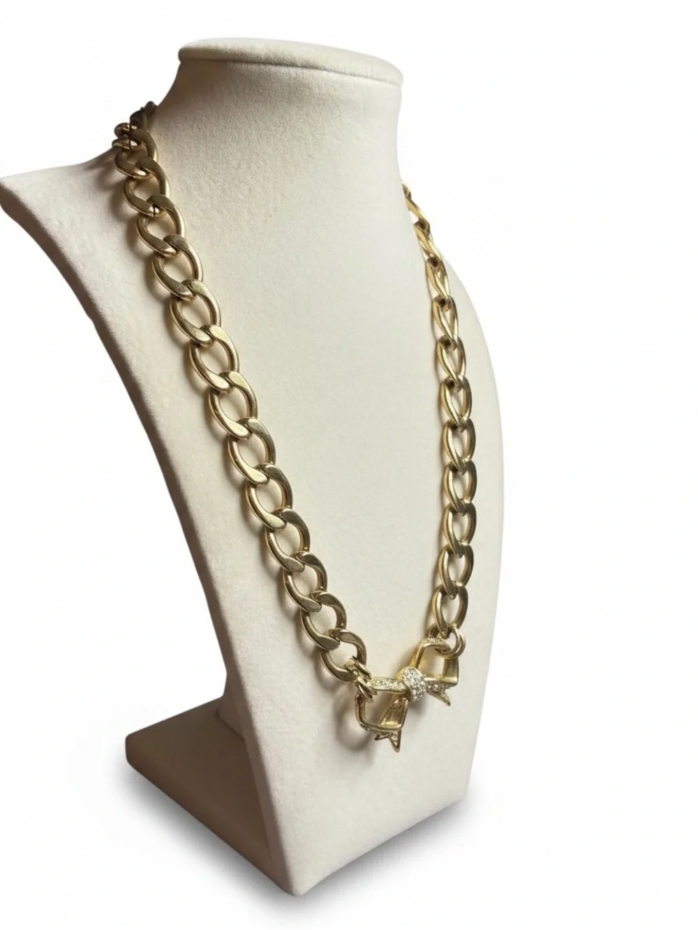 Vintage Juicy Couture Chunky Gold Link Crystal Bow Statement Necklace Signed - Picture 3 of 7